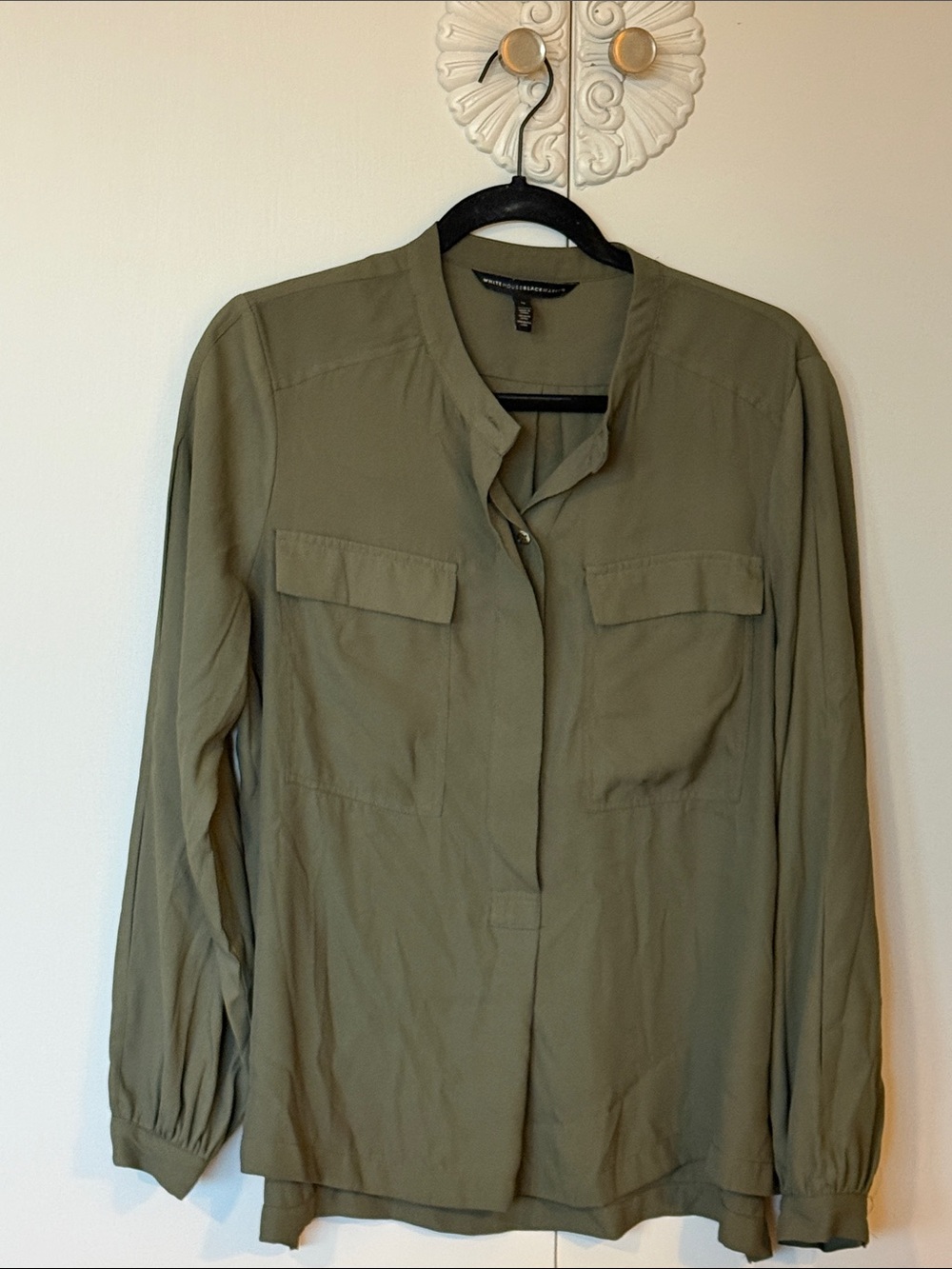 White House Black Market Olive Green Long Sleeve Utility Blouse